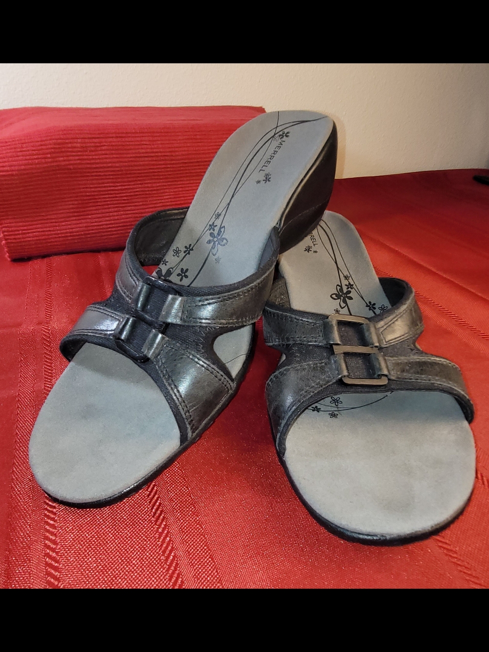 Merrell Dewberry Women's Black Leather Wedge Slip-On Sandals with Buckle Detail